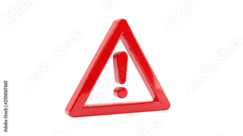Obraz na plátně Red triangular warning sign with exclamation mark glossy 3d render on transparen