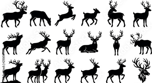 Canvastavla Reindeer Silhouette Icons Set of Black Woodland Animals for Winter Theme Design