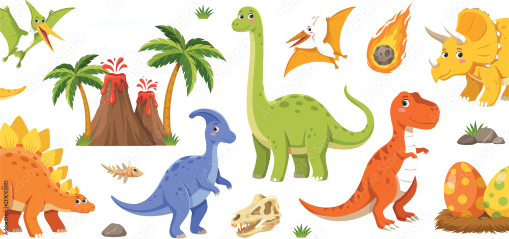 Fototapeta premium Dinosaur Cartoon Vector Set Featuring Tyrannosaurus, Brachiosaurus, Triceratops, Stegosaurus, Parasaurolophus, Pterodactyl, Volcano, Fossils, and Prehistoric Illustrations