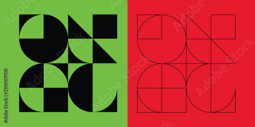 Symmetrical geometric pattern with solid black shapes and linear outlines on contrasting green and red backgrounds