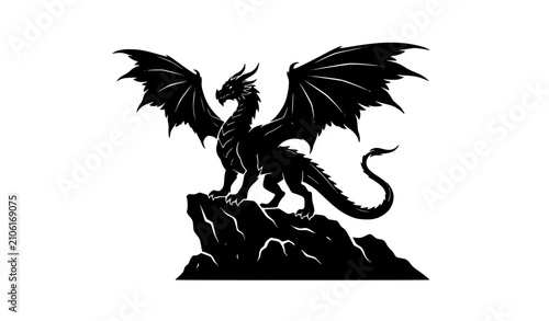 Quadro su tela Majestic black dragon silhouette on rocky outcrop fantasy art