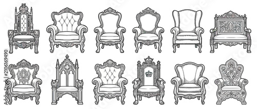 Elegant Vintage Armchairs Collection Hand Drawn Illustration