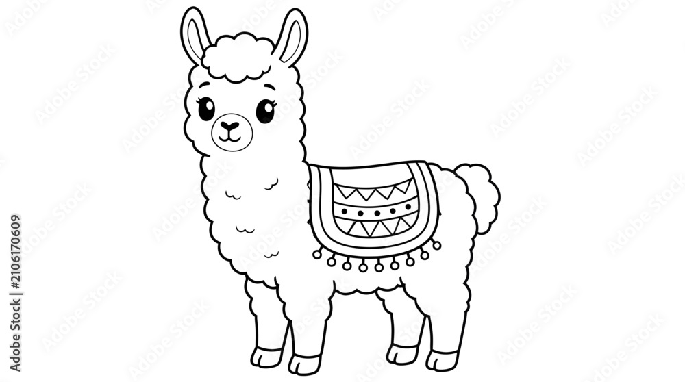 Fototapeta premium Llama with Decorative Blanket for Kids Coloring Page