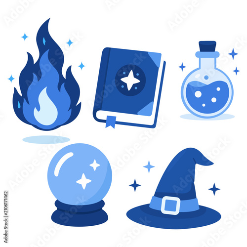Magic Elements Collection with Spell Book, Potion Bottle, Crystal Ball, Wizard Hat, and Blue Mystic Fire Flat Vector Illustration