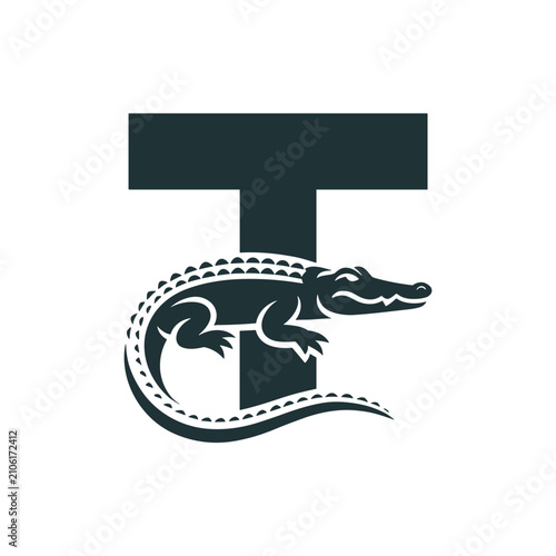 Letter t logo design with a stylized alligator or crocodile