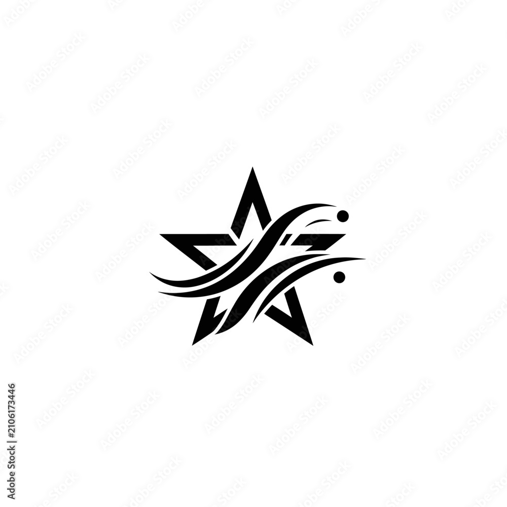 Fototapeta premium Abstract Star Design with Swirling Lines and Dots - Black and White Logo Element