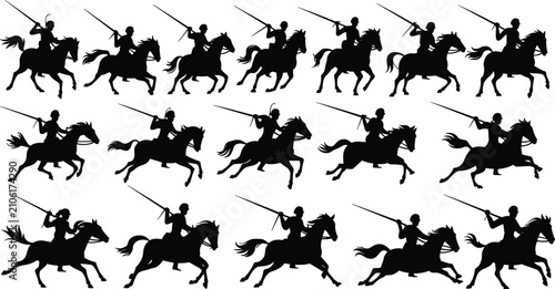 Obraz na plátne Medieval cavalry knight silhouette collection showing warriors on horseback with