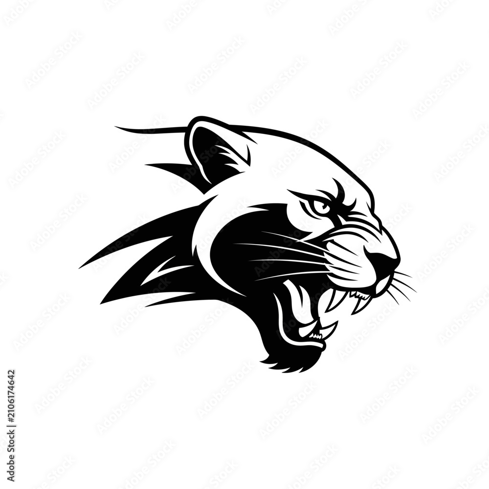 Obraz premium Aggressive Puma Head Emblem, Wild Cat Roaring, Black and White Vector Art