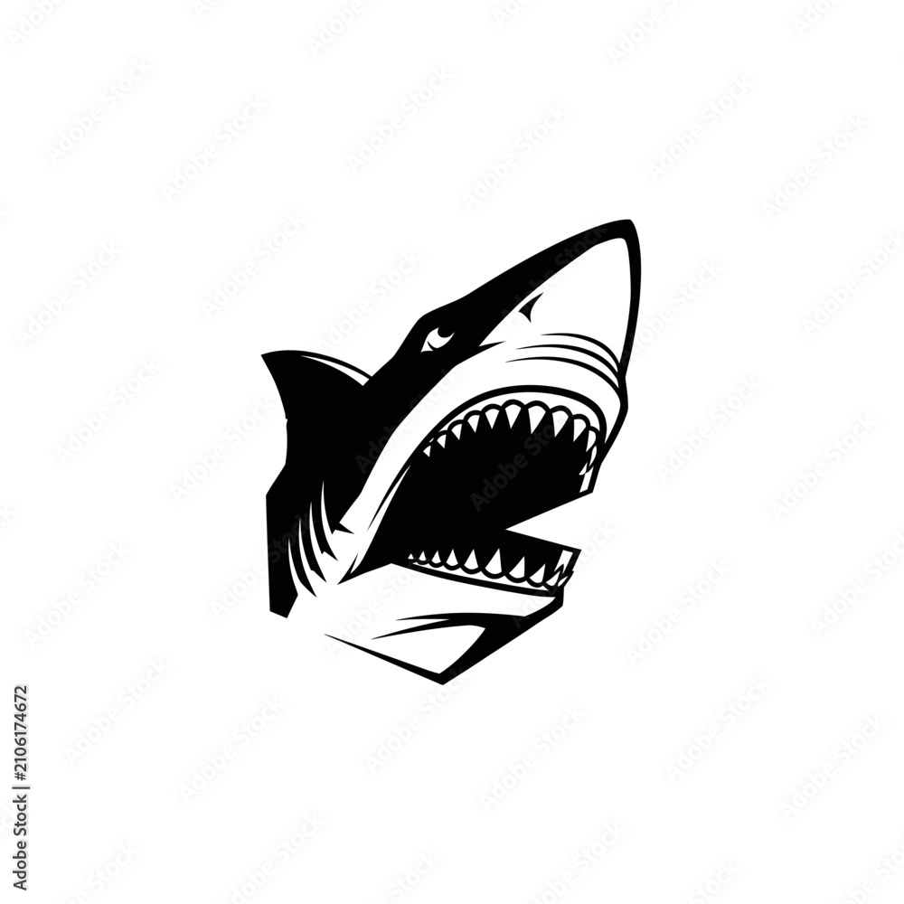 Fototapeta premium Aggressive Shark Head with Open Mouth and Sharp Teeth, Black and White Illustration