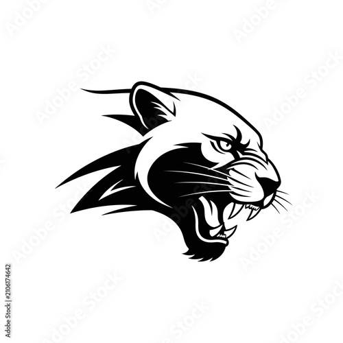 Aggressive Puma Head Emblem, Wild Cat Roaring, Black and White Vector Art