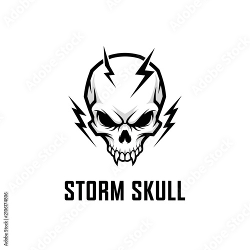 Aggressive Skull with Lightning Bolts and Text Storm Skull - Dark E-sport Logo