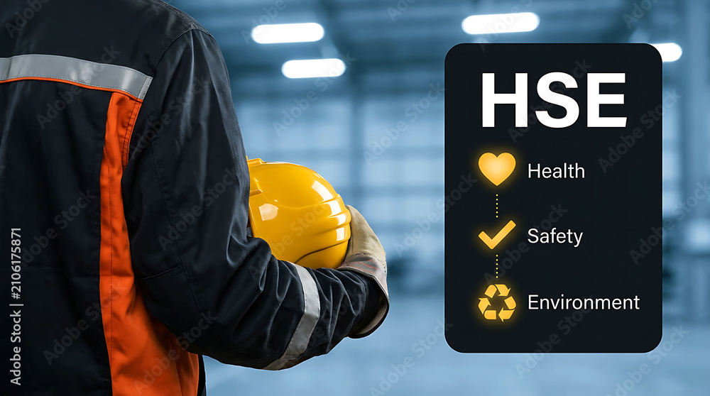 Fototapeta premium Industrial worker holding safety helmet with HSE concept sign board