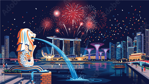 Vibrant vector illustration of Singapore city skyline at night with fireworks celebration and iconic landmark fountain statue