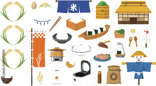 Φωτογραφία Japanese Rice Farming and Traditional Cuisine Vector Illustration SetJapanese Ri