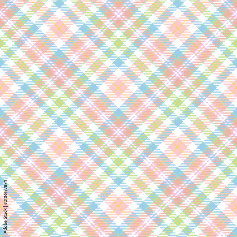 Fototapeta premium Diagonal Pastel Rainbow plaid tartan textile pattern design in pastel colors for fashion and home textiles