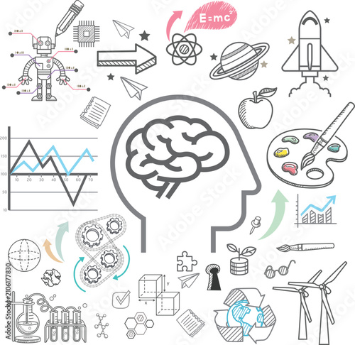 Brainstorming doodle concept with robot, science, rocket, logic and art icons