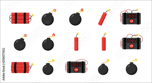 Cuadro en lienzo Collection Of Dynamite Sticks Round Bombs And Timed Explosives In A Flat Vector