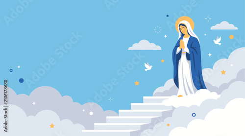Assumption of Mary Flat Vector Banner with Stairway to Heaven
