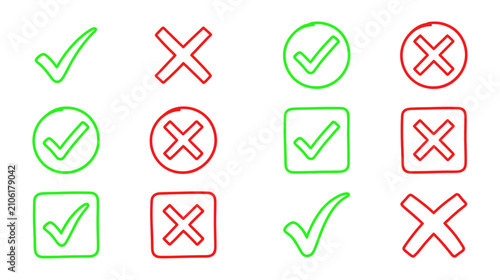 Картината върху платно Hand Drawn Checkmarks and Crosses - Decision Symbols