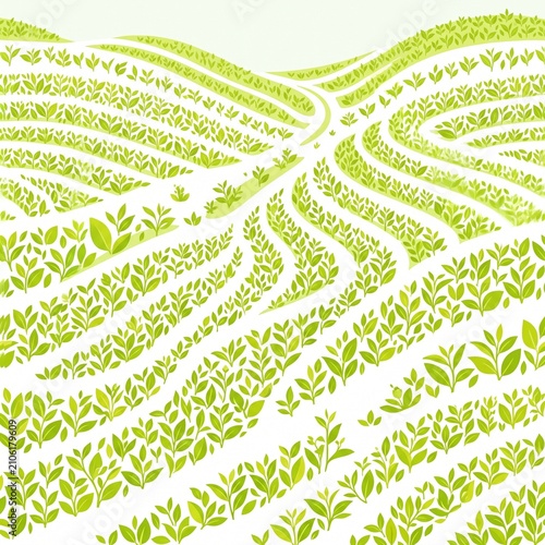 Yellow green tea plantation field background with fresh leaf plants. Simple graphic design pattern template for organic nature backdrop, agriculture, or beverage packaging, vector isolated on white