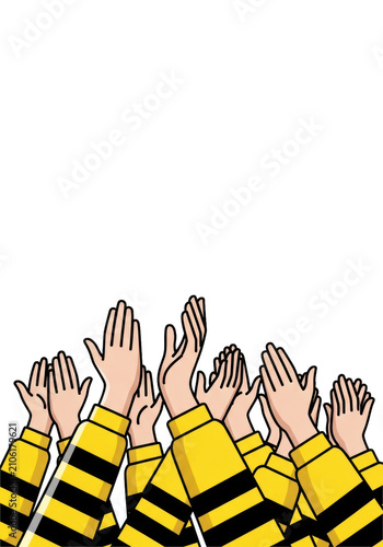 Highly contrasted vector illustration of multiple stylized hands enthusiastically clapping, bright yellow striped sleeves, worm's-eye view on pale gray background. Concept of enthusiastic applause