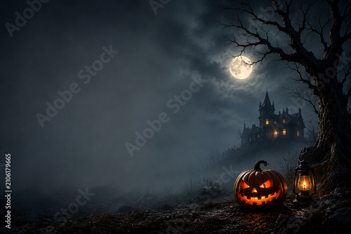 Spooky Halloween Night Background with Glowing Jack-o-lantern, Haunted Mansion and Moonlit Copy Space