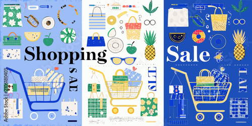 Tableau sur toile shopping sale posters with colorful illustrations cart bags fruits pineapple wat