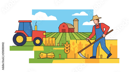 Fotografie Farmer with scythe harvesting grain field with tractor harvesting agriculture
