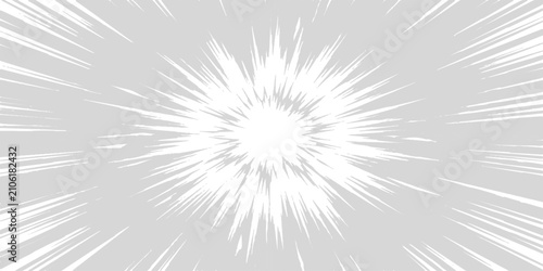 Photos Radiant Burst: A dynamic, abstract burst of white light radiates from a central point against a soft grey background, conveying energy, speed, and impact