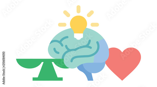 Conceptual human brain icon with light bulb and heart symbol, intellect