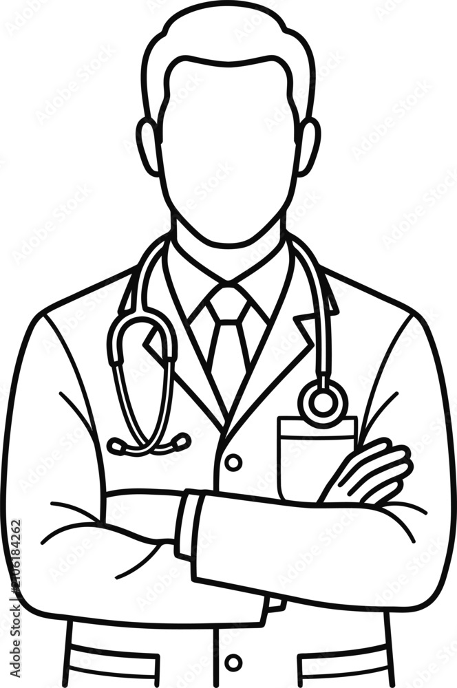 Fototapeta premium Line art illustration of a male doctor standing with arms crossed.
