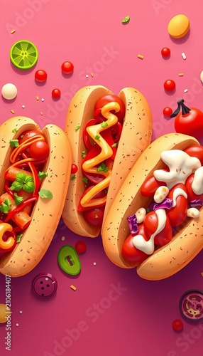Vector illustration of hot dogs with condiments and toppings, design, icons