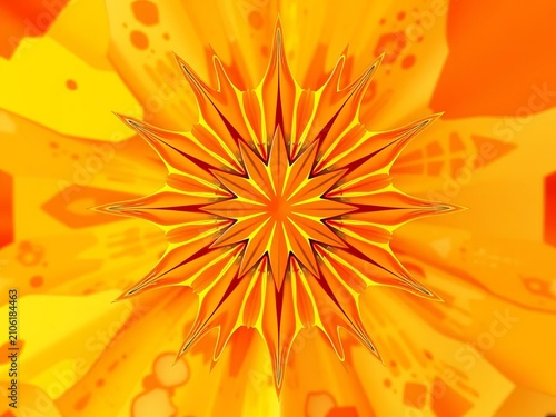 Vibrant orange and yellow starburst shape with abstract shapes, dynamic, abstract