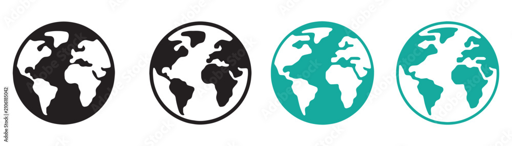 Obraz premium Four stylized globes showing earth continents in black, white and teal colors.