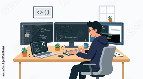 Canvas Print Programmer working at desk with multiple computer screens and code syntax