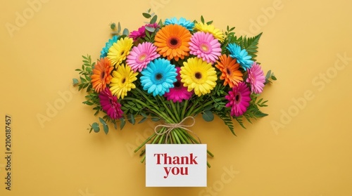 Colorful gerbera daisy bouquet with thank you card on yellow background