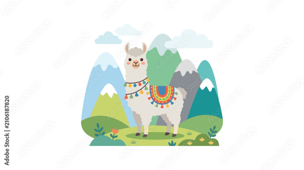 Fototapeta premium Cute cartoon llama standing in a mountain landscape with colorful decorations