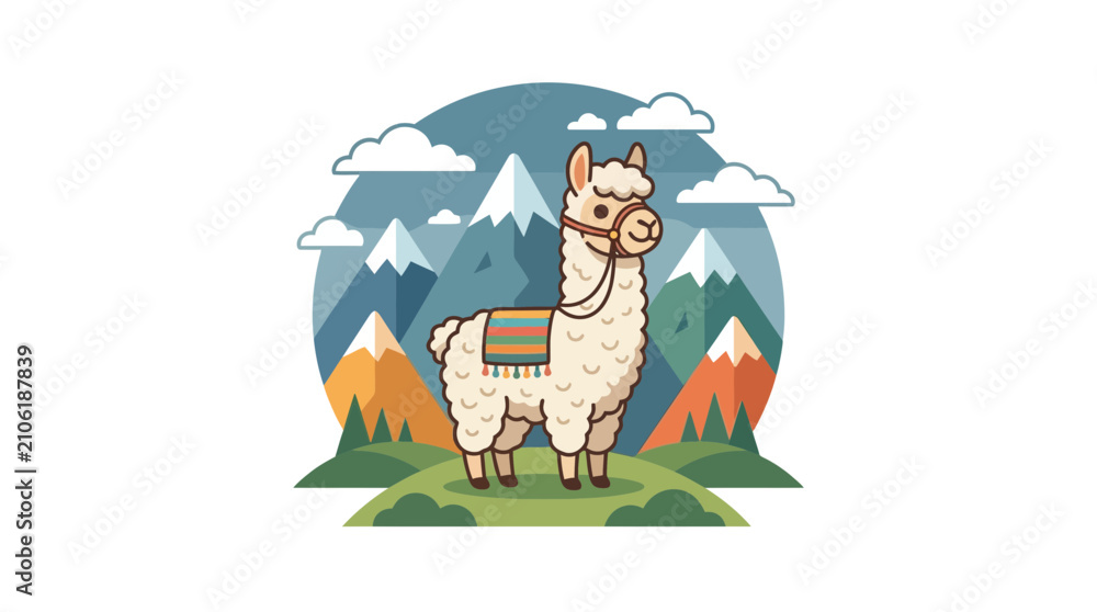 Fototapeta premium Cute Llama in Mountains - Flat Design Vector Illustration
