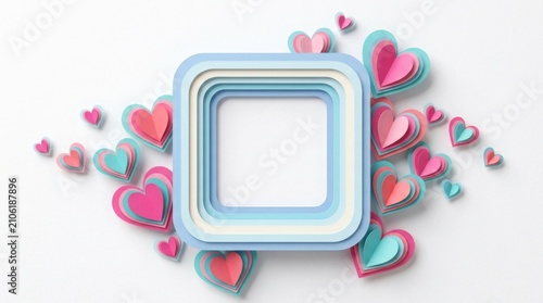 Paper hearts and square frame mockup for valentine's day design