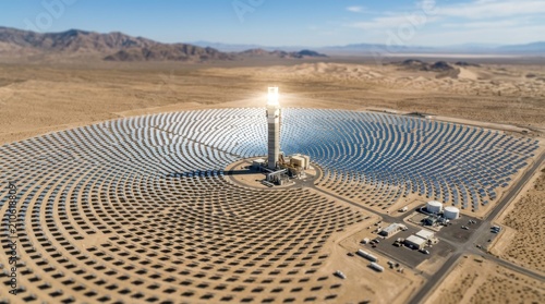 Concentrated solar power thermal tower plant surrounded by thousands of automated sun tracking mirrors heliostats field