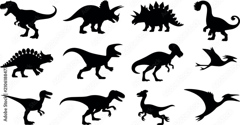 Obraz premium Set of dinosaur silhouettes including rex triceratops stegosaurus pterodactyl vector icons isolated on white background for design
