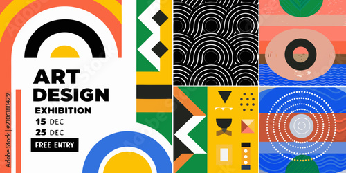 art design exhibition poster with bold geometric patterns shapes abstract colors graphic modern visual creative event promotion culture museum gallery contemporary typography text