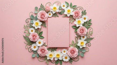 Paper flower wreath with blank card floral arrangement for mockup