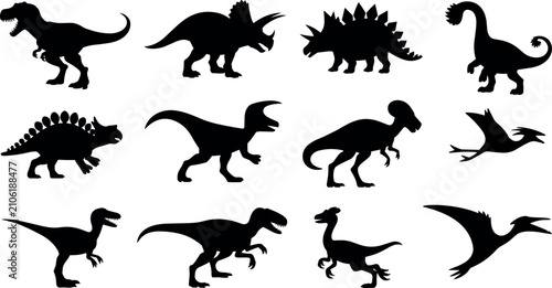 Foto Set of dinosaur silhouettes including rex triceratops stegosaurus pterodactyl ve