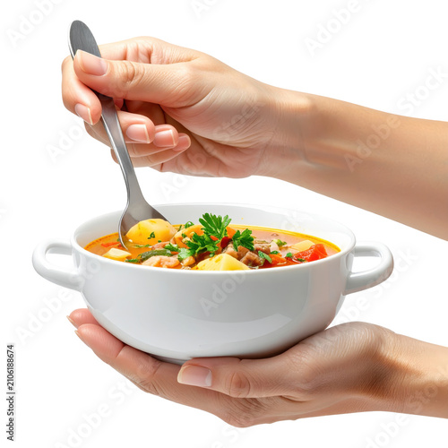 Hands holding white bowl of hearty vegetable soup isolated white background
