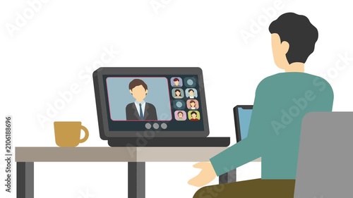 フラットイラストアニメーション：オンライン会議する男性(上半身)