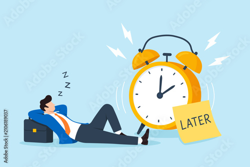 Bild auf Leinwand Flat illustration businessman sleeping ringing alarm clock later note procrastin