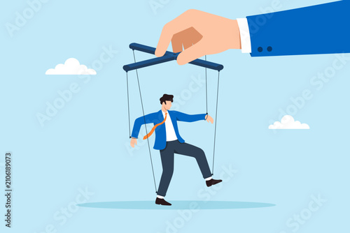 Fotografie Flat illustration businessman controlled giant hand puppet strings manipulation