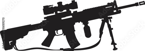Foto Silhouette of a modern assault rifle with a scope and bipod on a white backgroun