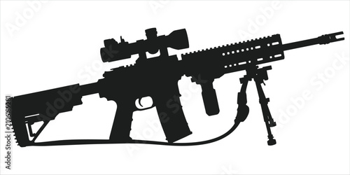 Foto Silhouette of a modern assault rifle with a scope and bipod on a white backgroun